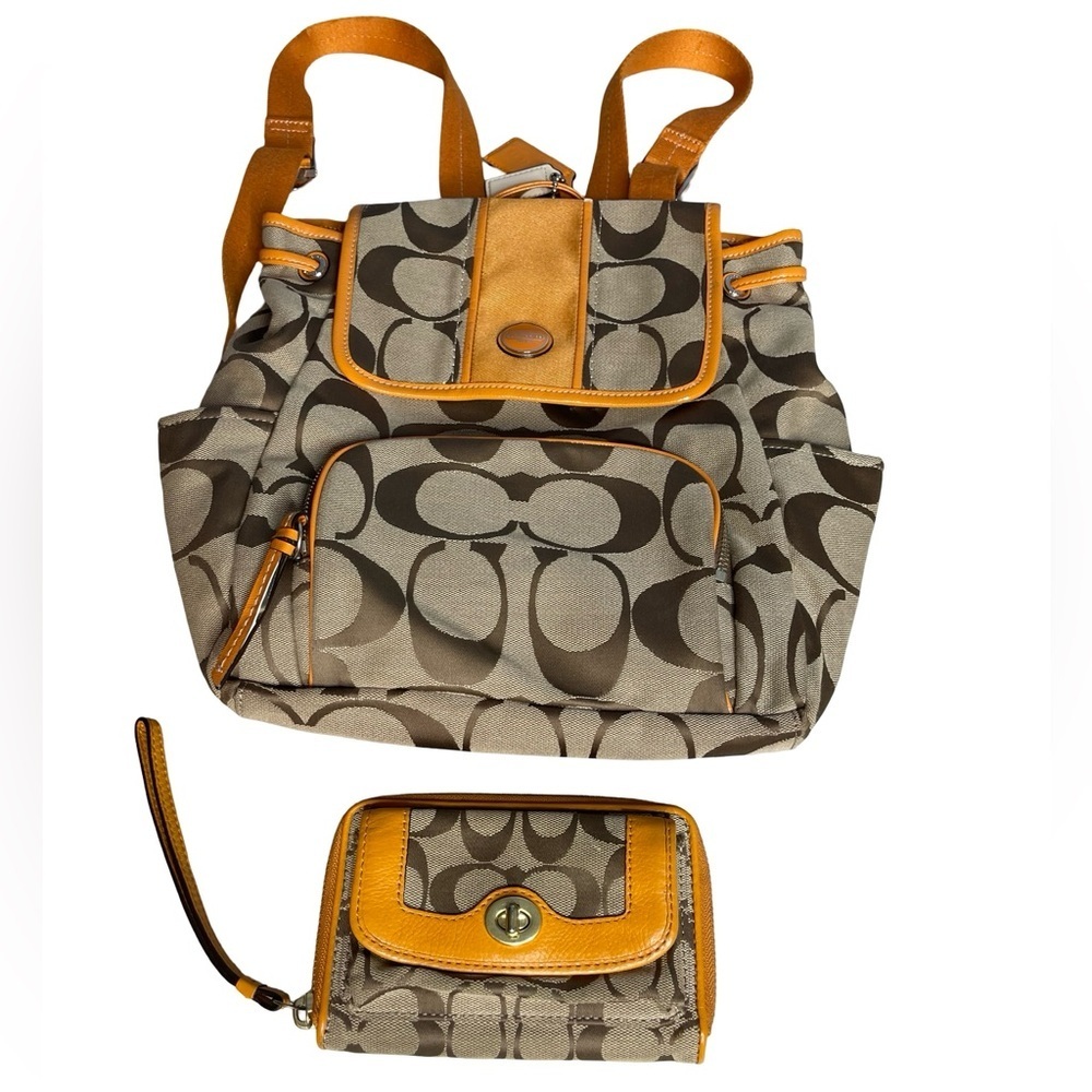 Coach signature pumpkin orange/ Tan adjustable Backpack and Wallet Set with tags